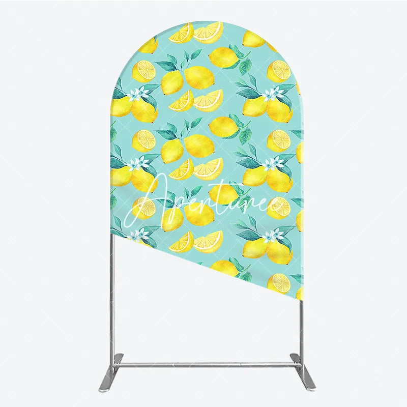 Aperturee - Aperturee Round Top Arch Backdrop with Vibrant Watercolor Lemon and Green Leaf Fresh Summer Party Decor