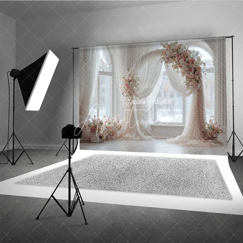 Aperturee - Aperturee Round Wedding Arch Backdrop White Room with Arch Window Pink Rose Floral Decor for Bridal Shower
