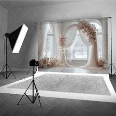 Aperturee - Aperturee Round Wedding Arch Backdrop White Room with Arch Window Pink Rose Floral Decor for Bridal Shower