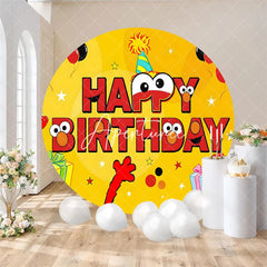 Aperturee - Aperturee Round Yellow Birthday Backdrop Red Monster Character Party Decor with Gifts and Balloons for Kids