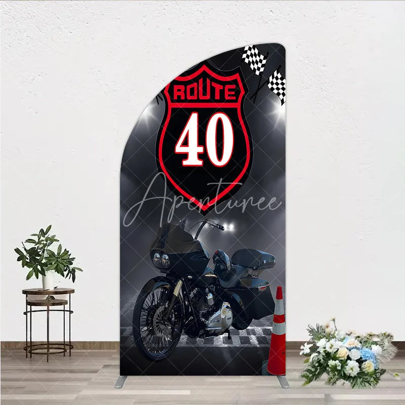 Aperturee - Aperturee Route 40 Biker Birthday Half Moon Arch Backdrop Motorcycle Theme for 40th Birthday Man Cave Party Photo Booth Decor