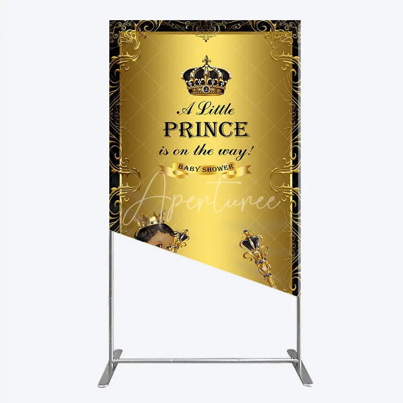 Aperturee - Aperturee Royal Black Gold Baby Shower Rectangle Backdrop Little Prince Party Decoration African American Boy Crown Background