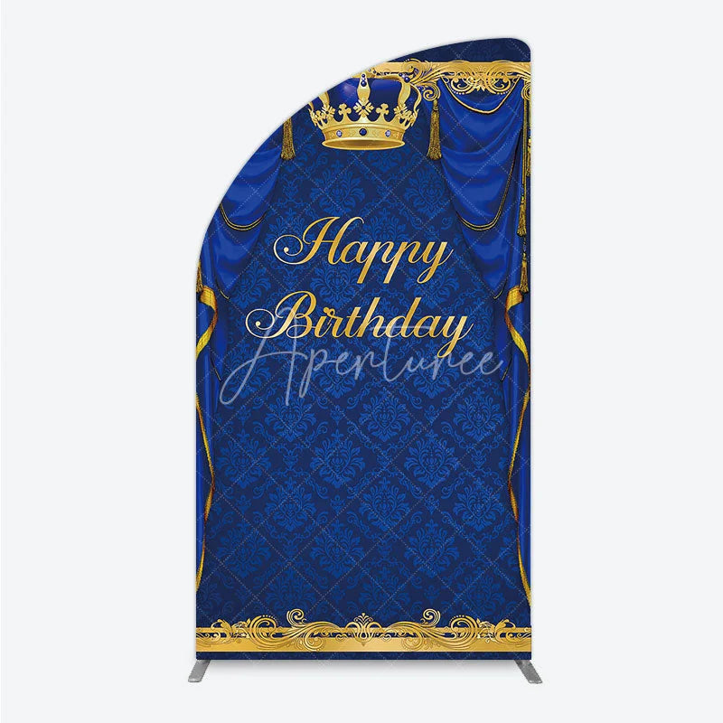 Aperturee - Aperturee Royal Blue and Gold Crown Happy Birthday Half Moon Arch Backdrop Kit Elegant Prince Party Decor