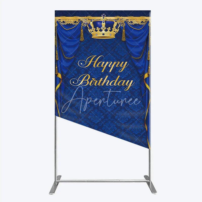 Aperturee - Aperturee Royal Blue and Gold Crown Happy Birthday Rectangle Backdrop Kit Elegant Prince Party Decor