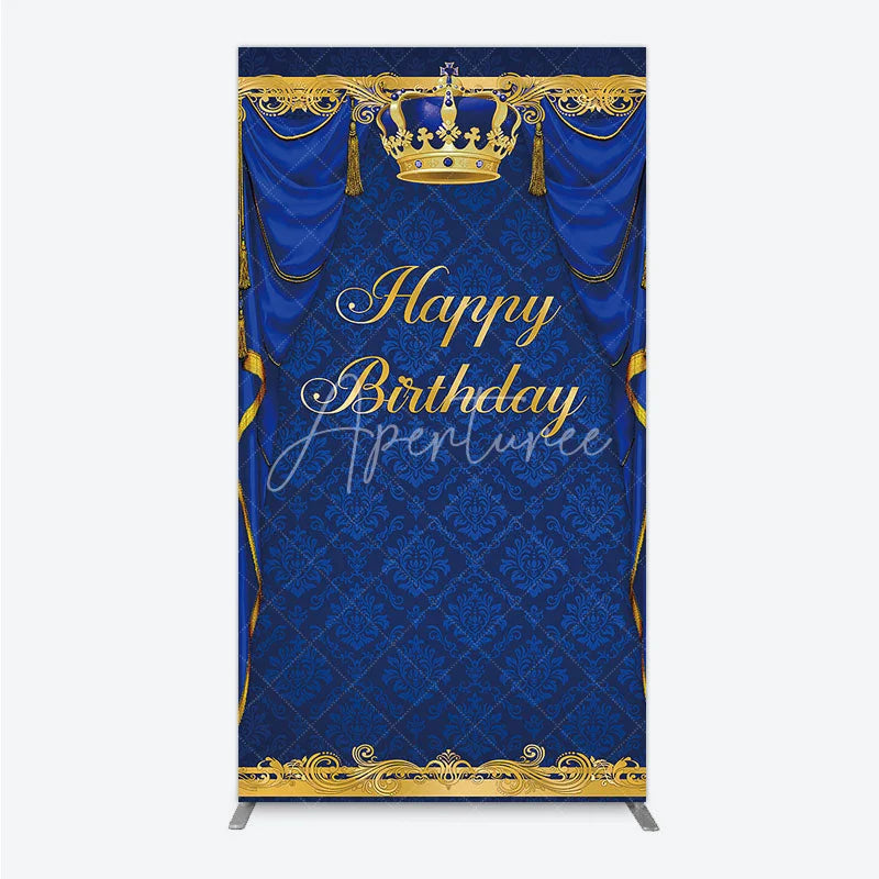 Aperturee - Aperturee Royal Blue and Gold Crown Happy Birthday Rectangle Backdrop Kit Elegant Prince Party Decor