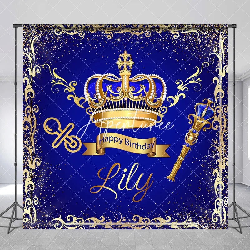 Aperturee - Aperturee Royal Blue Gold Glitter Crown Scepter Custom Birthday Backdrop Prince Baby Shower Party Decor