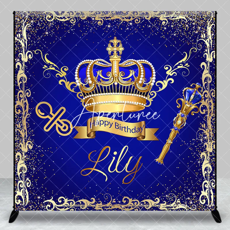 Aperturee - Aperturee Royal Blue Gold Glitter Crown Scepter Custom Birthday Backdrop Prince Baby Shower Party Decor