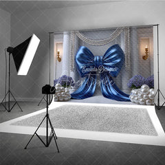 Aperturee - Aperturee Royal Blue Satin Bow and White Pearls Backdrop Elegant Wedding Column and Floral Photography Background