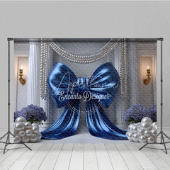 Aperturee - Aperturee Royal Blue Satin Bow and White Pearls Backdrop Elegant Wedding Column and Floral Photography Background