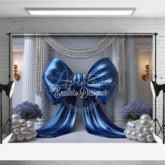 Aperturee - Aperturee Royal Blue Satin Bow and White Pearls Backdrop Elegant Wedding Column and Floral Photography Background