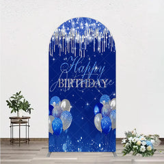 Aperturee - Aperturee Royal Blue Silver Glitter Drip Arch Backdrop Happy Birthday Balloon Prop