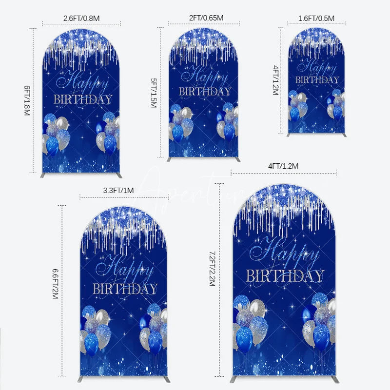 Aperturee - Aperturee Royal Blue Silver Glitter Drip Arch Backdrop Happy Birthday Balloon Prop
