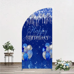 Aperturee - Aperturee Royal Blue Silver Glitter Drip Half Moon Arch Backdrop Happy Birthday Balloon Prop