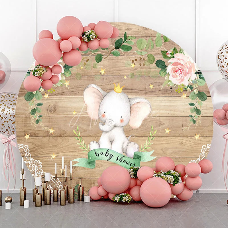 Aperturee - Aperturee Royal Elephant Wood Grain Round Backdrop Floral Baby Shower and Pink Rose Stars Party Decoration