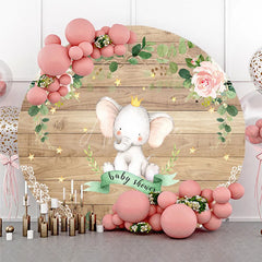 Aperturee - Aperturee Royal Elephant Wood Grain Round Backdrop Floral Baby Shower and Pink Rose Stars Party Decoration