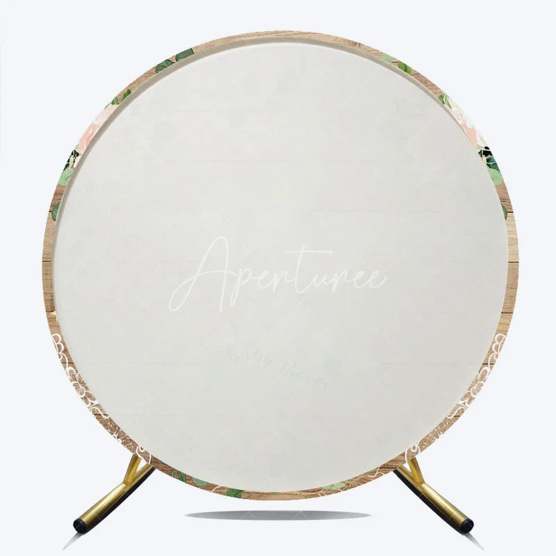 Aperturee - Aperturee Royal Elephant Wood Grain Round Backdrop Floral Baby Shower and Pink Rose Stars Party Decoration