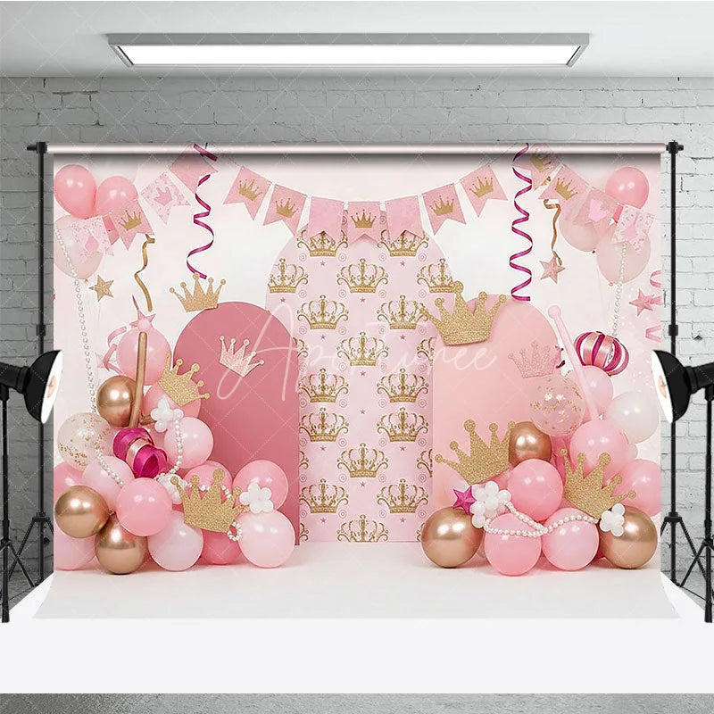Aperturee - Aperturee Royal Pink Princess Crown and Pearls Backdrop Golden Tiara and Balloon Arch for Girl Birthday Party Decor