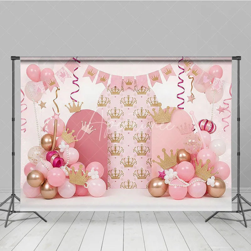 Aperturee - Aperturee Royal Pink Princess Crown and Pearls Backdrop Golden Tiara and Balloon Arch for Girl Birthday Party Decor