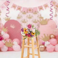 Aperturee - Aperturee Royal Pink Princess Crown and Pearls Backdrop Golden Tiara and Balloon Arch for Girl Birthday Party Decor