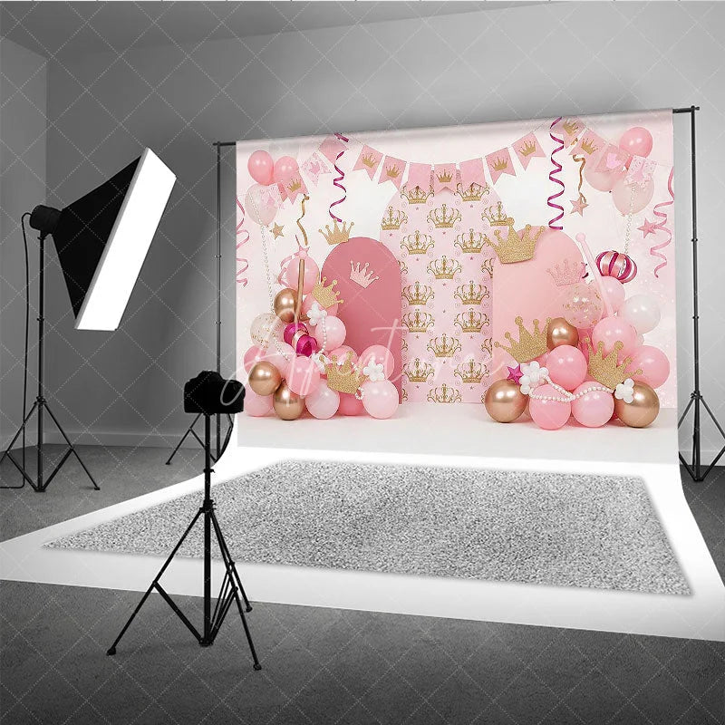 Aperturee - Aperturee Royal Pink Princess Crown and Pearls Backdrop Golden Tiara and Balloon Arch for Girl Birthday Party Decor