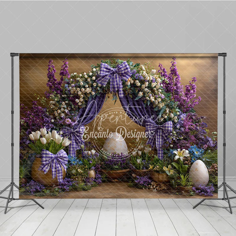 Aperturee - Aperturee Royal Purple Floral Easter Backdrop Elegant Arch and White Tulip Photography Background