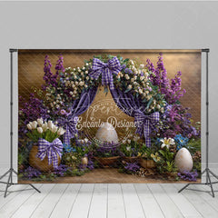 Aperturee - Aperturee Royal Purple Floral Easter Backdrop Elegant Arch and White Tulip Photography Background