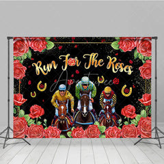 Aperturee - Aperturee Run For The Roses Backdrop Horse Racing Jockeys and Red Floral Border Background Kentucky Derby Day Party Decorations
