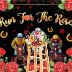 Aperturee - Aperturee Run For The Roses Backdrop Horse Racing Jockeys and Red Floral Border Background Kentucky Derby Day Party Decorations