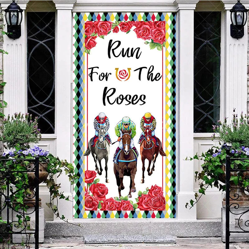 Aperturee - Aperturee Run For The Roses Door Cover Horse Racing and Red Roses Kentucky Derby Party Decoration