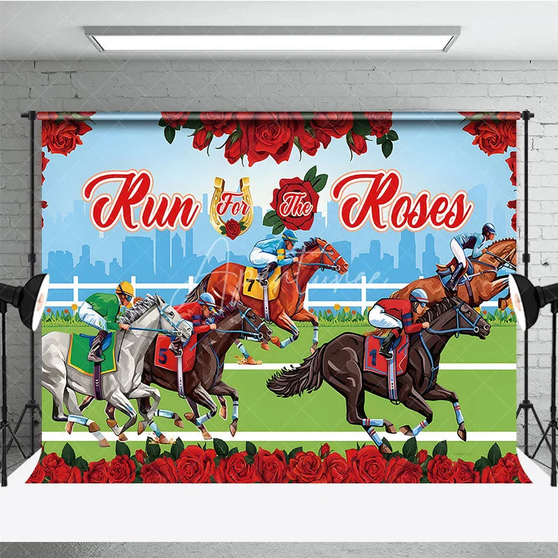 Aperturee - Aperturee Run for the Roses Kentucky Derby Backdrop Horse Racing Track and City Skyline Party Background