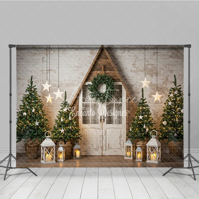 Aperturee - Aperturee Rustic A-Frame Door Christmas Photography Backdrop Farmhouse Scene with Trees and Lanterns Scandinavian Holiday
