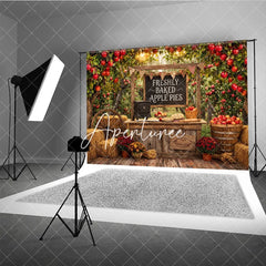 Aperturee - Aperturee Rustic Apple Orchard Photography Backdrop with Freshly Baked Apple Pies Autumn Harvest Farm Stand Decor
