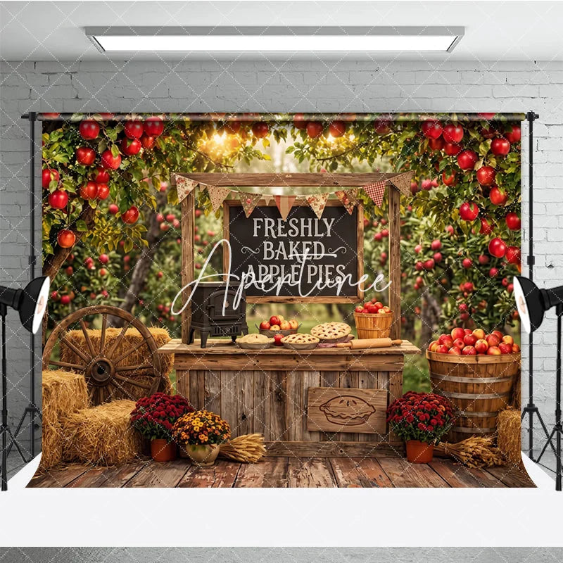 Aperturee - Aperturee Rustic Apple Orchard Photography Backdrop with Freshly Baked Apple Pies Autumn Harvest Farm Stand Decor
