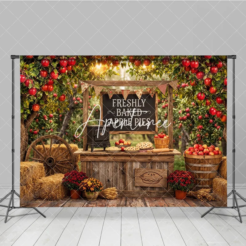 Aperturee - Aperturee Rustic Apple Orchard Photography Backdrop with Freshly Baked Apple Pies Autumn Harvest Farm Stand Decor