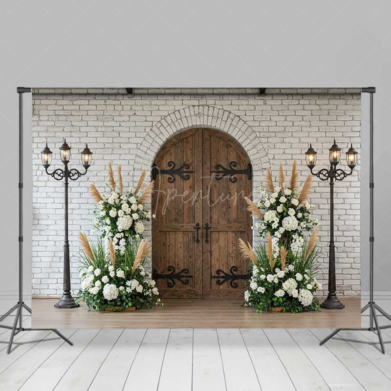 Aperturee Aperturee Rustic Arched Door Photography Backdrop White Brick Wall and Vintage Lanterns Boho Wedding Ceremony Photo Prop