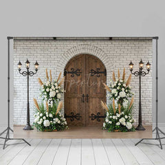 Aperturee Aperturee Rustic Arched Door Photography Backdrop White Brick Wall and Vintage Lanterns Boho Wedding Ceremony Photo Prop