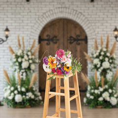 Aperturee Aperturee Rustic Arched Door Photography Backdrop White Brick Wall and Vintage Lanterns Boho Wedding Ceremony Photo Prop
