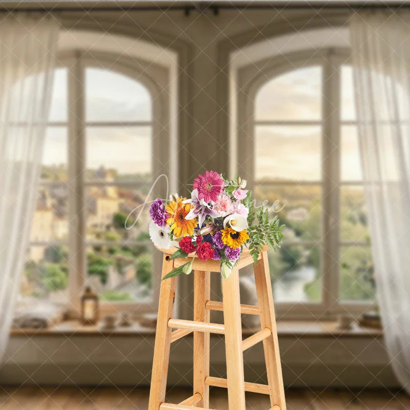 Aperturee - Aperturee Rustic Arched Window Photography Backdrop with Sheer Curtains Idyllic European Village View and Cozy Window Seat