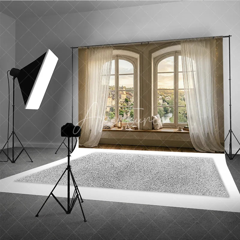 Aperturee - Aperturee Rustic Arched Window Photography Backdrop with Sheer Curtains Idyllic European Village View and Cozy Window Seat