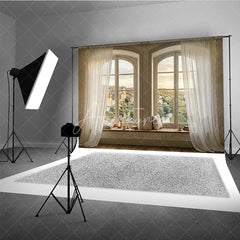 Aperturee - Aperturee Rustic Arched Window Photography Backdrop with Sheer Curtains Idyllic European Village View and Cozy Window Seat
