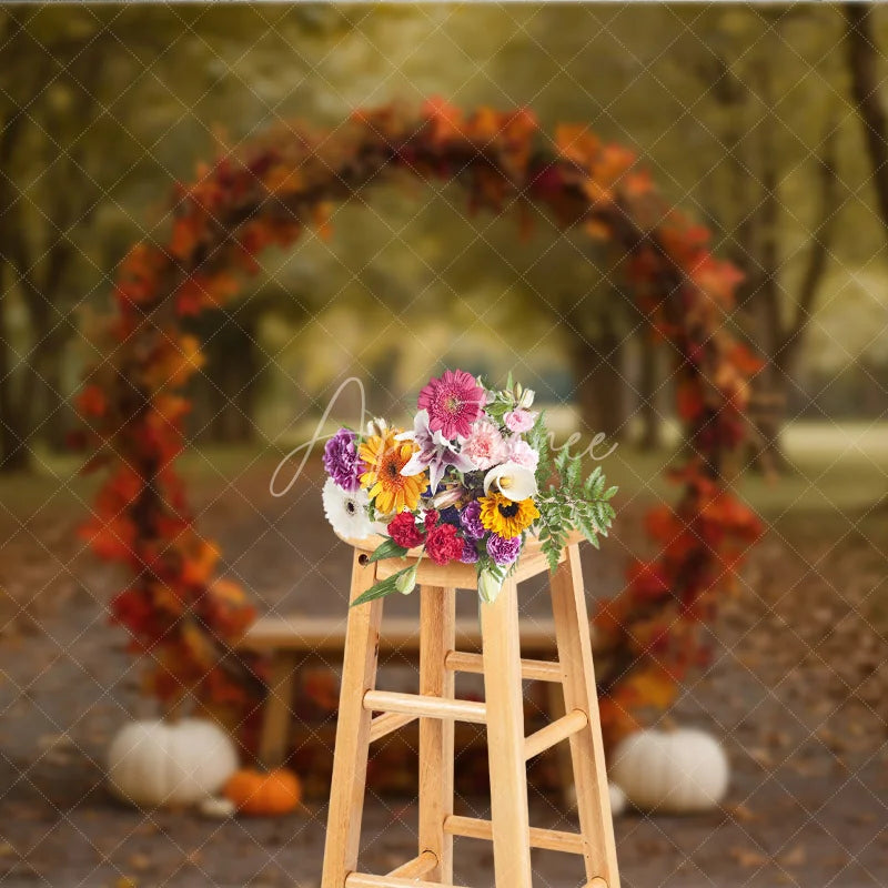Aperturee - Aperturee Rustic Autumn Arch Photography Backdrop Fall Leaf Wreath with Bench and Pumpkins Thanksgiving Photo Background