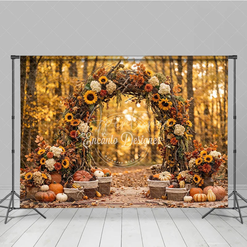 Aperturee - Aperturee Rustic Autumn Arch Photography Backdrop with Sunflowers Pumpkins and Golden Forest Leaves for Fall Photoshoot
