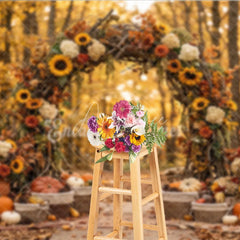 Aperturee - Aperturee Rustic Autumn Arch Photography Backdrop with Sunflowers Pumpkins and Golden Forest Leaves for Fall Photoshoot
