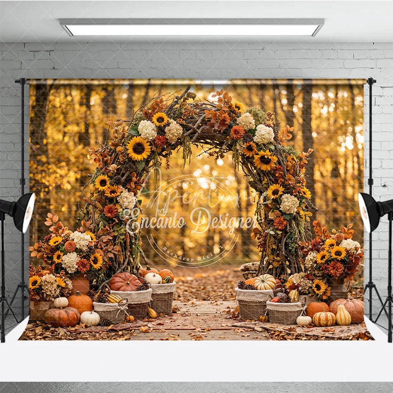 Aperturee - Aperturee Rustic Autumn Arch Photography Backdrop with Sunflowers Pumpkins and Golden Forest Leaves for Fall Photoshoot