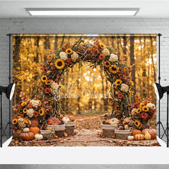 Aperturee - Aperturee Rustic Autumn Arch Photography Backdrop with Sunflowers Pumpkins and Golden Forest Leaves for Fall Photoshoot