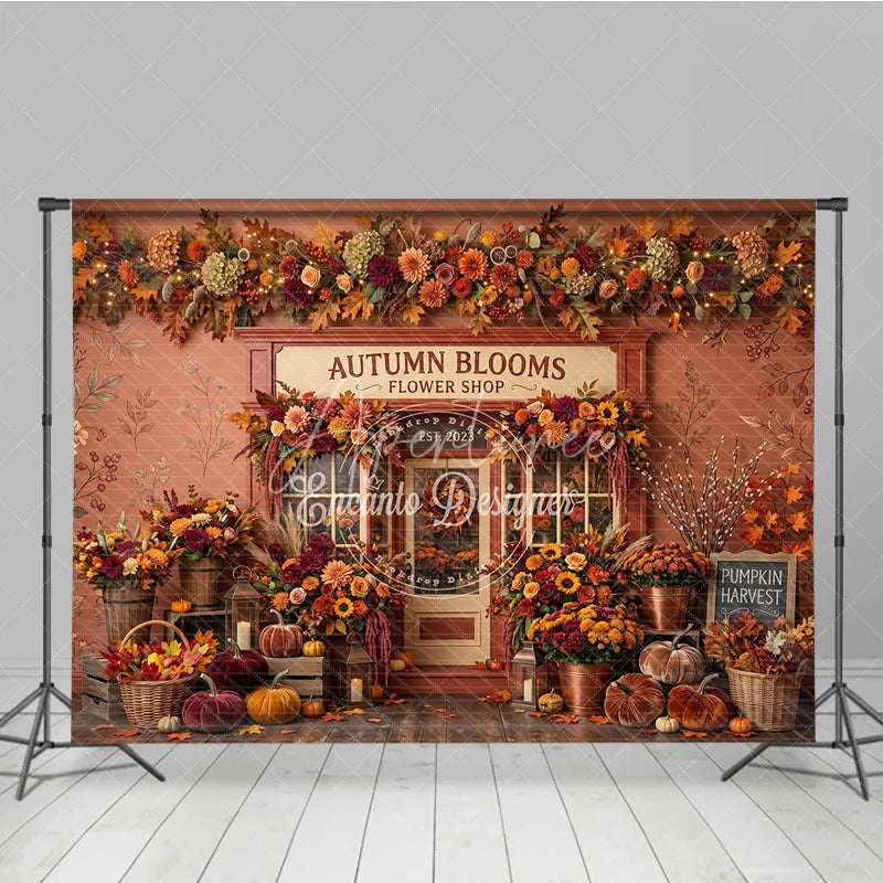 Aperturee - Aperturee Rustic Autumn Blooms Flower Shop Photography Backdrop with Vibrant Fall Leaves and Pumpkins Seasonal Decor