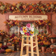 Aperturee - Aperturee Rustic Autumn Blooms Flower Shop Photography Backdrop with Vibrant Fall Leaves and Pumpkins Seasonal Decor