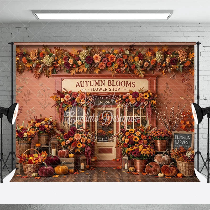 Aperturee - Aperturee Rustic Autumn Blooms Flower Shop Photography Backdrop with Vibrant Fall Leaves and Pumpkins Seasonal Decor