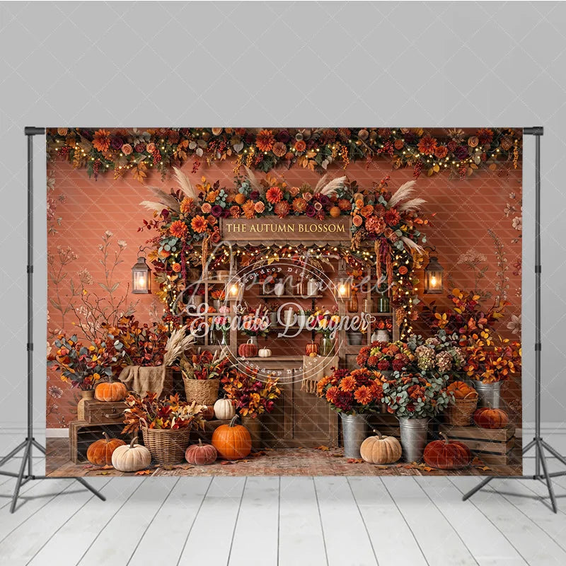 Aperturee - Aperturee Rustic Autumn Blossom Photography Backdrop with Vibrant Fall Flowers Pumpkins and Cozy String Lights