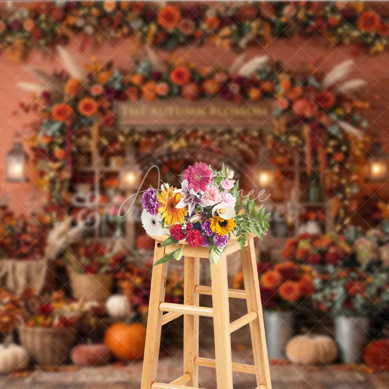 Aperturee - Aperturee Rustic Autumn Blossom Photography Backdrop with Vibrant Fall Flowers Pumpkins and Cozy String Lights